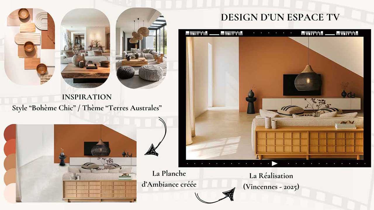 Planche d’ambiance réalisée par Alice Roux, créatrice de Cachet d’intérieur, présentant les inspirations, la planche décorative et le résultat final d’un espace TV à Vincennes.