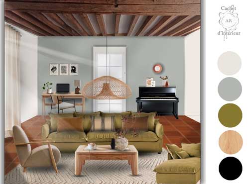 Planche d’ambiance pour la décoration et l’aménagement d’un salon à Maison-Alfort, réalisée par la décoratrice d’intérieur Alice Roux.