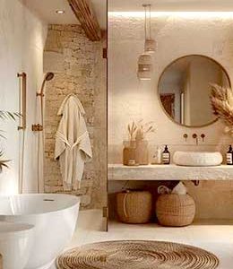 Salle de bain ambiance bohème et chaleur minérale pour un effet spa.